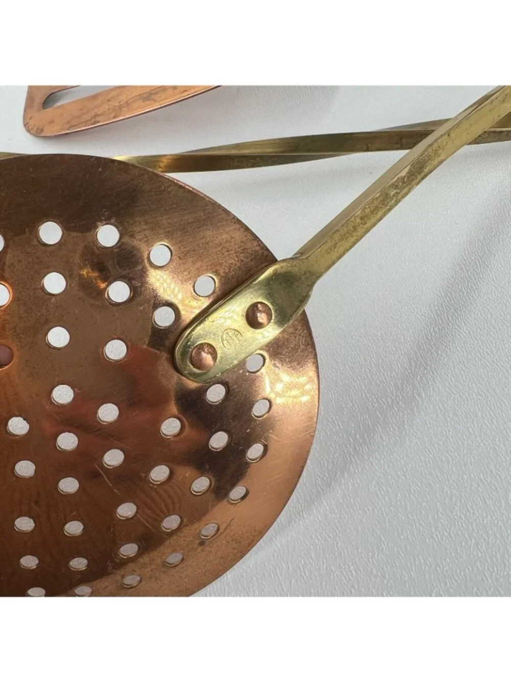 Vintage Copper Brass Kitchen Utensils Set of 3 Long Handle Spatula Fork Skimmer